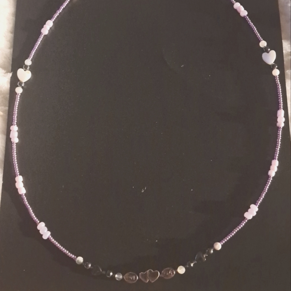 Metallic pink and silver love heart beaded necklace